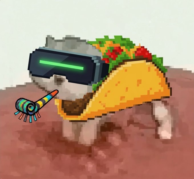 A pixel-art cat wearing VR goggles and a taco costume smokes a colorful cigar on a brown surface.