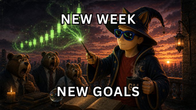 A cat-eared wizard character wearing sunglasses and a wizard hat conjures a green candlestick chart with a wand, surrounded by three shocked bear characters in suits. Text reads 'NEW WEEK' and 'NEW GOALS.'