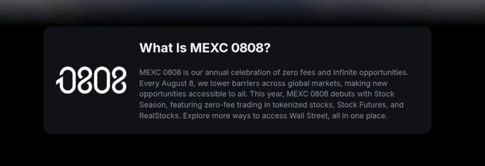 A promotional graphic titled 'What Is MEXC 0808?' explaining that 'MEXC 0808 is our annual celebration of zero fees and infinite opportunities' held on August 8th, featuring zero-fee trading access.