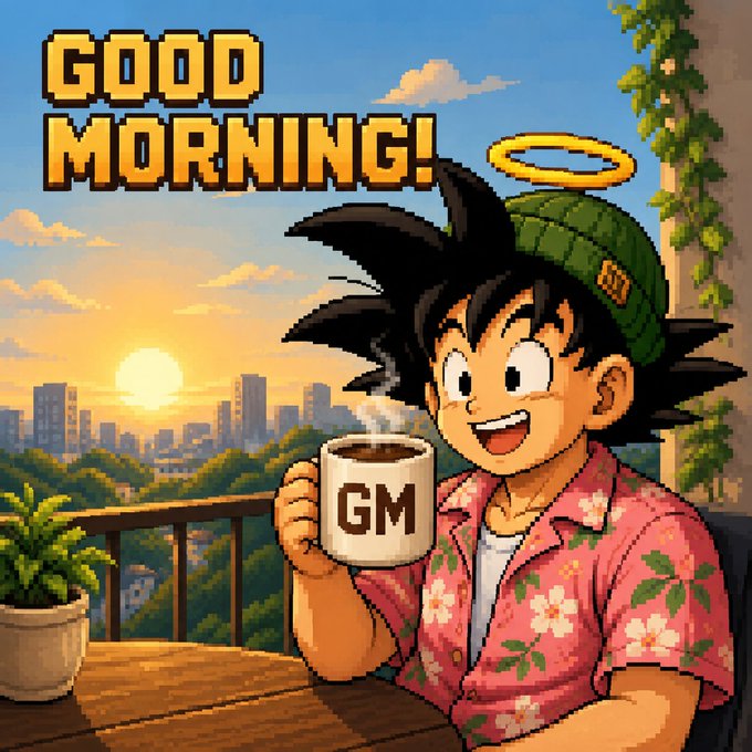 A pixel-art style illustration shows a smiling anime character with a halo and green beanie holding a 'GM' coffee mug, with 'GOOD MORNING!' text at the top, set against a sunrise cityscape.