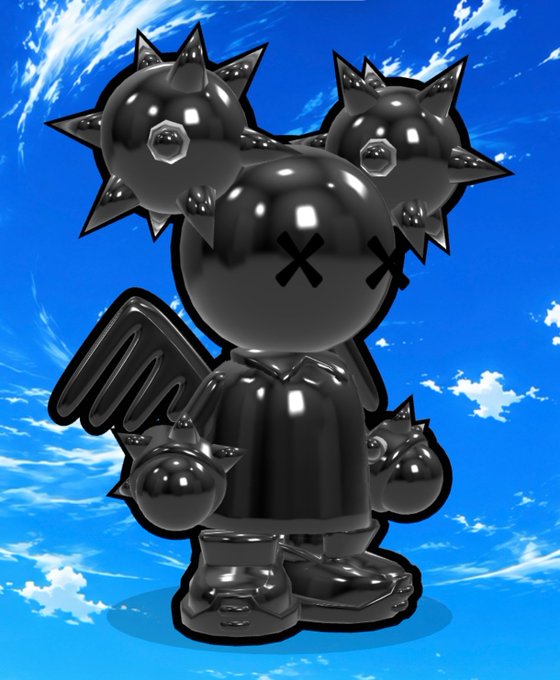 A glossy black chrome figurine of a KAWS-style character with X-eyes and spiky spherical ears stands against a bright blue sky.