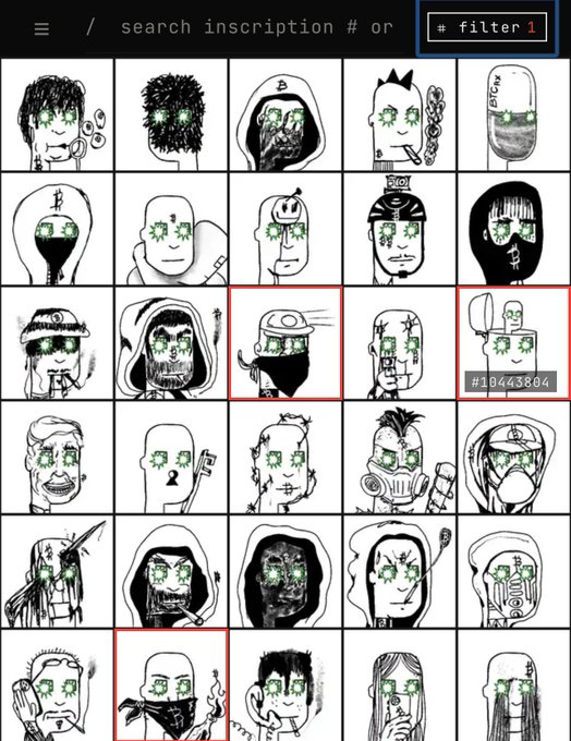 A grid of black-and-white illustrated avatars (CryptoPunks-style) with a search bar reading '/ search inscription # or #' and a filter option set to '1'.
