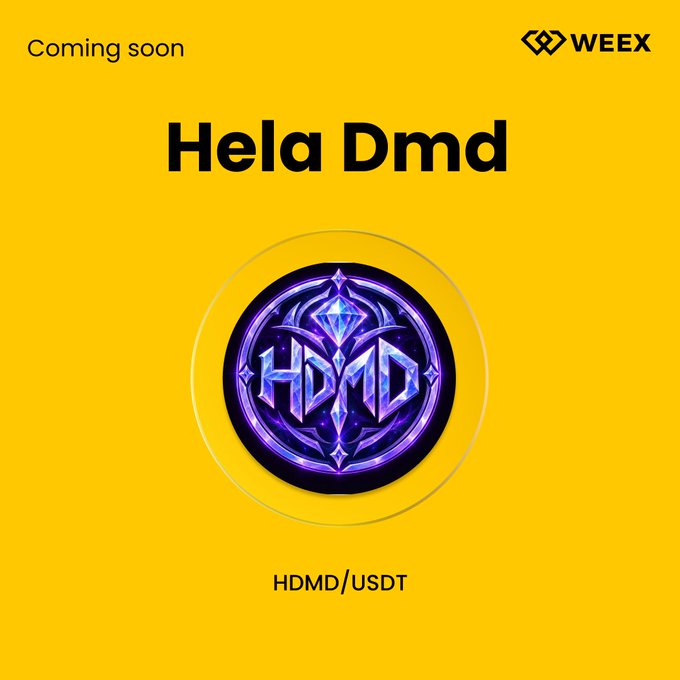 A WEEX exchange announcement featuring "Coming soon" text and the WEEX logo at the top, with "Hela Dmd" prominently displayed above the HDMD token's purple crystalline logo, and "HDMD/USDT" listed below to promote the upcoming pre-listing of the $HDMD token on the platform.