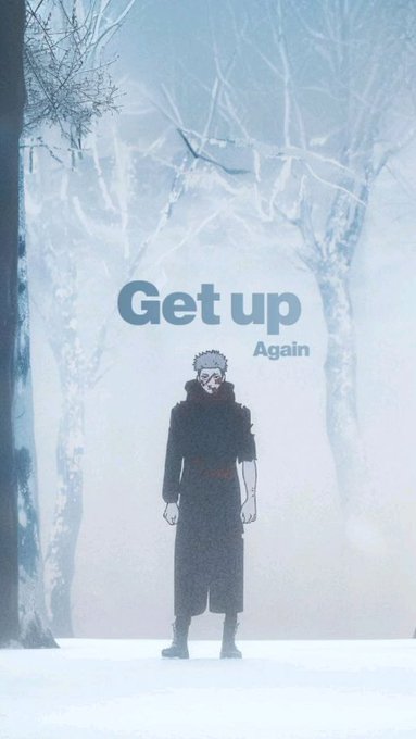 An anime-style illustration of a character in a dark coat standing in a snowy forest with the text 'Get up Again'.