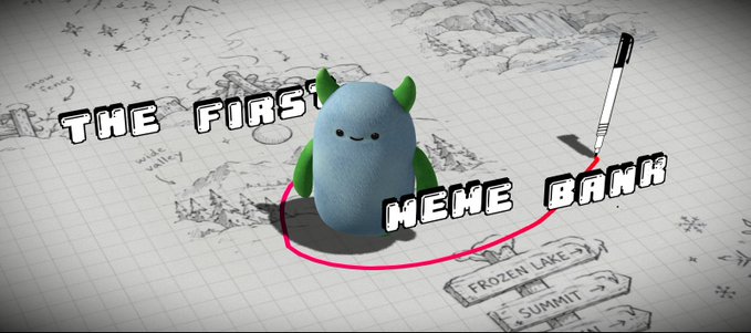 A cute blue and green cartoon mascot character stands on a hand-drawn map background with a marker pen, surrounded by the bold text "THE FIRST MEME BANK" and a signpost pointing to "Frozen Lake" and "Summit." The whimsical, illustrative design visually reinforces the post's message about $LOAN being a pioneering lending and borrowing platform specifically for memes.