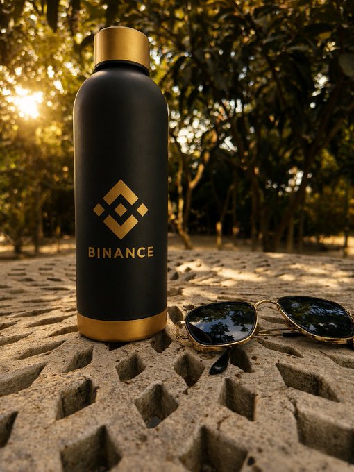 A black and gold Binance-branded water bottle sits on a textured surface next to a pair of sunglasses, photographed outdoors with sunlight filtering through trees in the background.