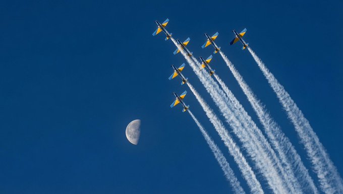 A formation of yellow and blue aerobatic jets flies in a tight V-formation, leaving white smoke trails beside a crescent moon in a clear blue sky.