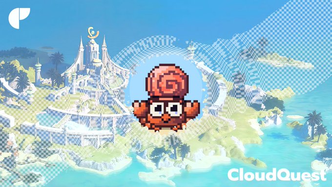 A vibrant video game promotional image for CloudQuest featuring a pixel-art character with a swirl hat floating over a tropical island with white castles, palm trees, and bright blue ocean waters.