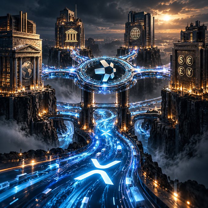 A glowing digital crossroads hovers above a futuristic cityscape, with a central XRP logo encircled by a Quant (QNT) emblem, surrounded by currency symbols ($, €, £, ¥) and flowing highway-like data streams symbolizing interconnected settlement rails. The image captures the convergence of tokenized deposits, ISO 20022 protocols, and modern institutional infrastructure—mirroring the post's message that interoperability, not retail hype, is driving the rally in $QNT and $XRP.