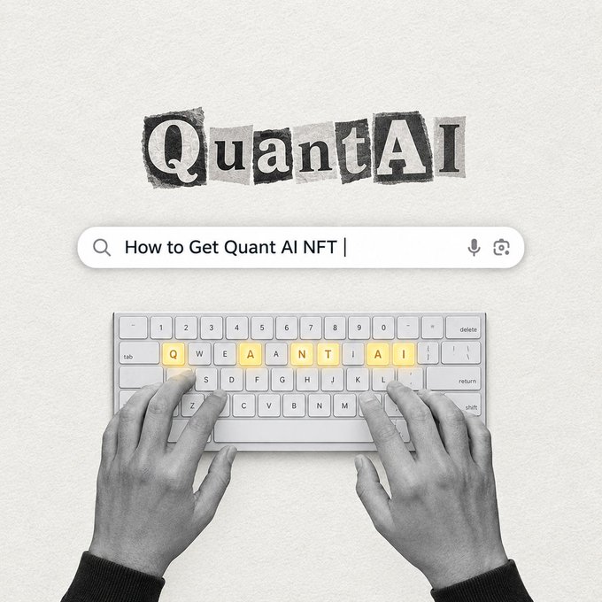 A ransom-note "QuantAI" logo sits above a search bar reading "How to Get Quant AI NFT," while hands type on a keyboard with the letters Q-U-A-N-T-A-I highlighted in yellow—visually reinforcing the call-to-action in the post about minting the special Quant AI tier NFT and its associated holder benefits.