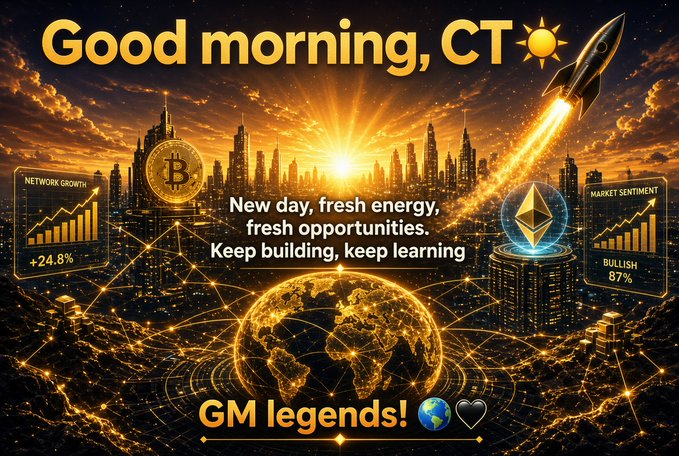 A vibrant digital graphic with the text 'Good morning, CT', 'New day, fresh energy, fresh opportunities. Keep building, keep learning', and 'GM legends!', featuring a futuristic cityscape, a rocket, and cryptocurrency symbols like Bitcoin and Ethereum.