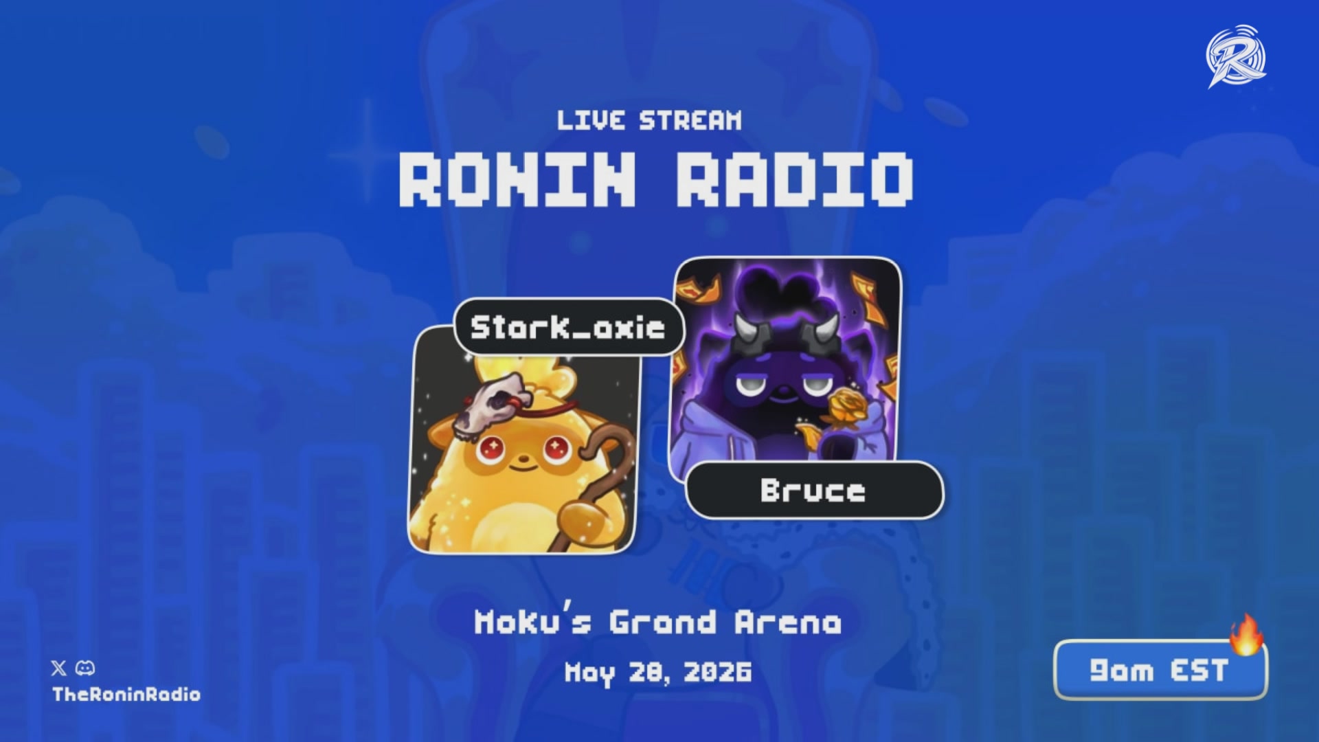 The image shows a poster for a live stream of two cartoon characters, a yellow one with a hat and a purple one holding a sword, both wearing masks. The text on the poster indicates that this event is taking place at the grand arena on May 28, 2026. There are also mentions of "Hoku's Grand Arena" and "x2", which could be related to the game or the event itself.