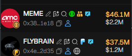 The image shows two cryptocurrency tokens, "MEME" ($46.1M market cap, $2.2M volume) and "FLYBRAIN" ($37.5M market cap, $1.2M volume), suggesting a comparison of crypto project valuations that humorously contrasts with the post's joke about social media follower counts being worth "significantly more" than expected.