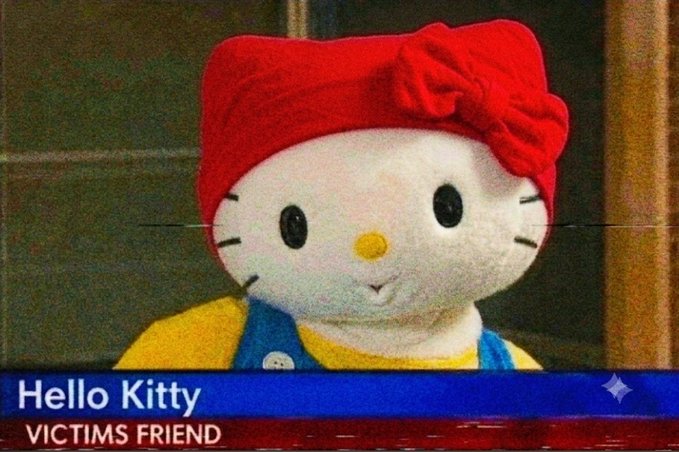 A photo of a Hello Kitty plush character wearing a red hat, with a TV news-style caption reading 'Hello Kitty' and 'VICTIMS FRIEND'.