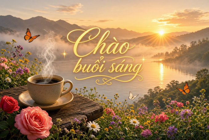 A scenic sunrise view over a misty river and mountains with a cup of coffee on a wooden surface in the lower left, accompanied by flowers, butterflies, and the text 'Chào buổi sáng' (Good morning) in golden script.