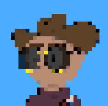 Pixel art of a person with a large brown cowboy hat, sunglasses, and yellow earrings against a blue background.
