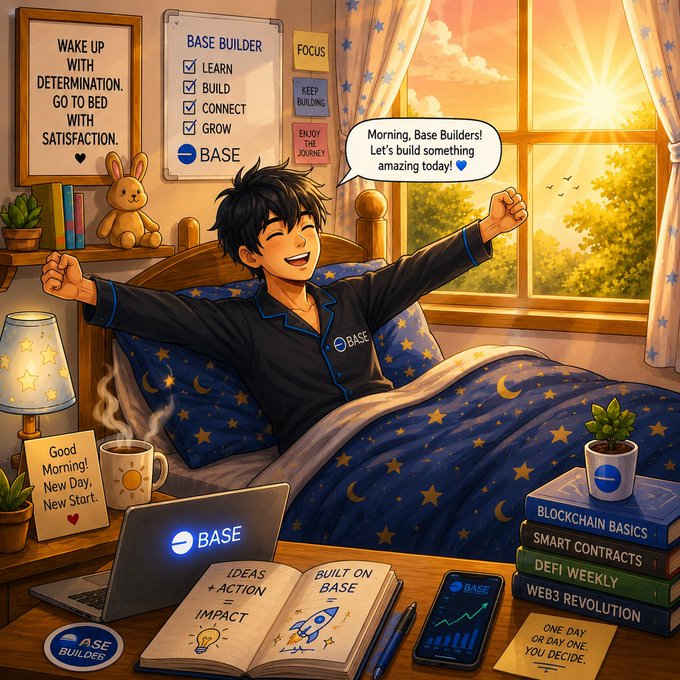 The image features a young man wearing pajamas sitting at a desk with an open laptop computer. The scene includes a bed with a blue comforter, a cup of coffee, and several books scattered around him. There are also two potted plants in the room - one on each side of the bed. A poster is hanging above the bed, and there's a book titled "Base" visible as well.

The image seems to be related to a post about Base builders or a similar concept, with the young man depicted as an example of someone who is actively engaged in building something within the ecosystem. The presence of books and plants suggests that he might have been working on a project involving both digital and physical elements.