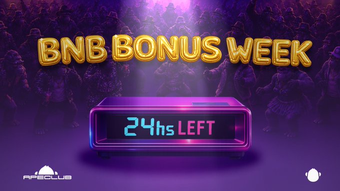 A promotional graphic for "BNB BONUS WEEK" featuring gold balloon-style text and a digital clock displaying "24hs LEFT" against a purple-lit background with gorilla imagery, with "APECLUB" branding at the bottom. The image visually reinforces the post's urgent message about the final 24 hours of the 5% BNB Bond bonus event.