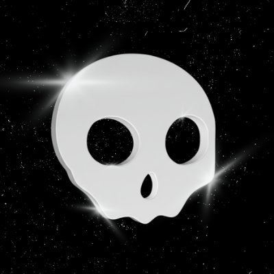 A minimalist digital graphic features a glossy white skull floating against a black background with subtle starry speckles and light flares.