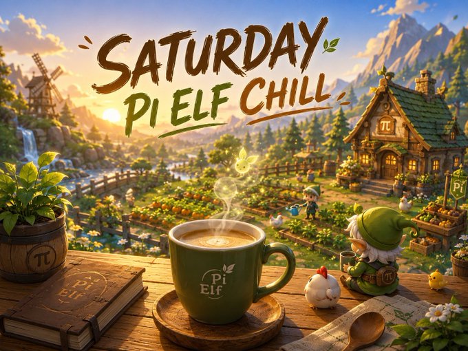 An illustration of a gnome beside a steaming 'Pi Elf' coffee cup, set in a vibrant garden with windmill and cottage, featuring the text 'SATURDAY Pi ELF CHILL'.