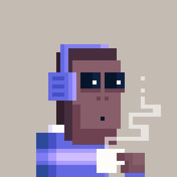 A pixel art illustration of a person smoking, wearing headphones, and holding a mug against a beige background.
