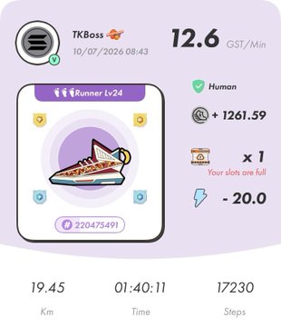 A mobile app screen titled 'TKBoss' displaying running statistics: 19.45 Km distance, 01:40:11 time, 17230 steps, 12.6 GST/Min, and earnings of 220475491 coins for a 'Runner Lv24'.