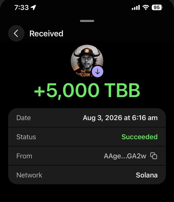 A screenshot of a crypto wallet confirming a successful receipt of +5,000 TBB tokens on the Solana network from a truncated sender address on Aug 3, 2026, visually corroborating the post's thanks for a generous TBB airdrop from @GoingParabolic.