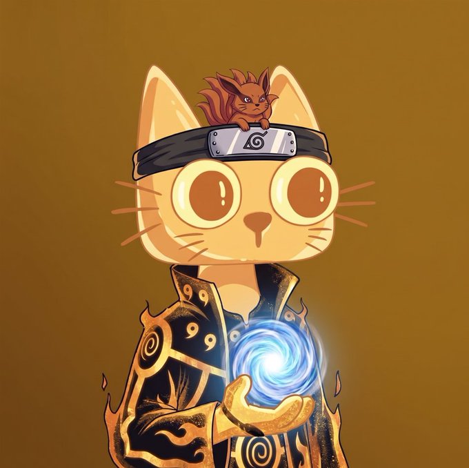 An illustrated cartoon cat wearing a black and gold robe with a spiral pattern and a ninja headband featuring a leaf symbol, holding a glowing blue orb in its paws, with a small red squirrel resting on its head.