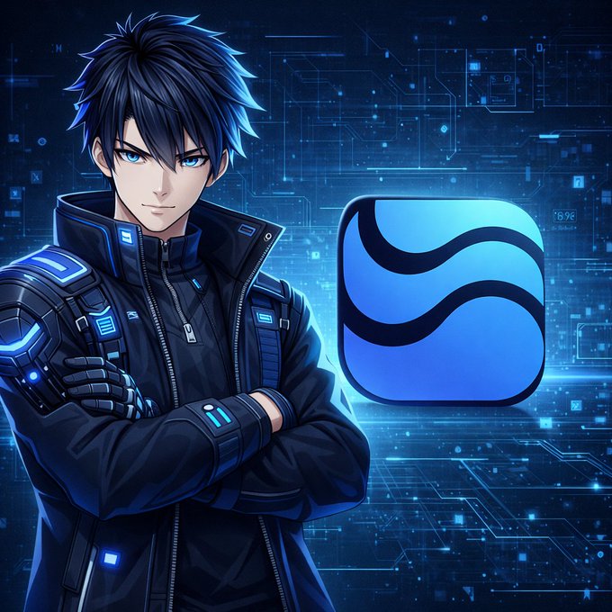 The image features a man with blue eyes standing against a dark background that looks like a computer screen or a circuit board, possibly representing a futuristic setting. The man has his arms crossed over his chest, giving him an air of confidence and determination. In front of him is a blue square app icon, which could be related to the post about tokens in the cryptocurrency world.
