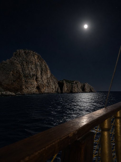 A nighttime seascape from a boat, with the moon illuminating the water and reflecting off a rocky cliff/island in the distance.
