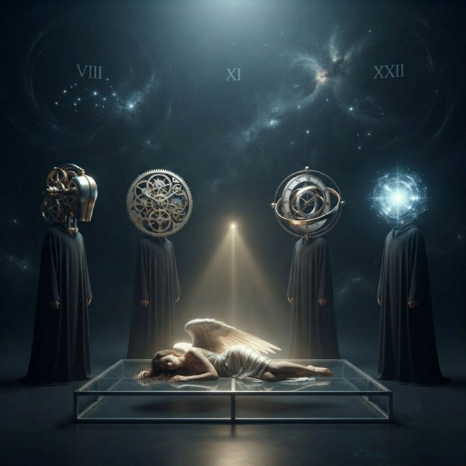 A surreal cosmic scene shows a winged angel lying on a glass platform illuminated by a beam of light, surrounded by four hooded figures with mechanical and celestial heads, beneath Roman numerals VIII, XI, and XXII in a starry sky.