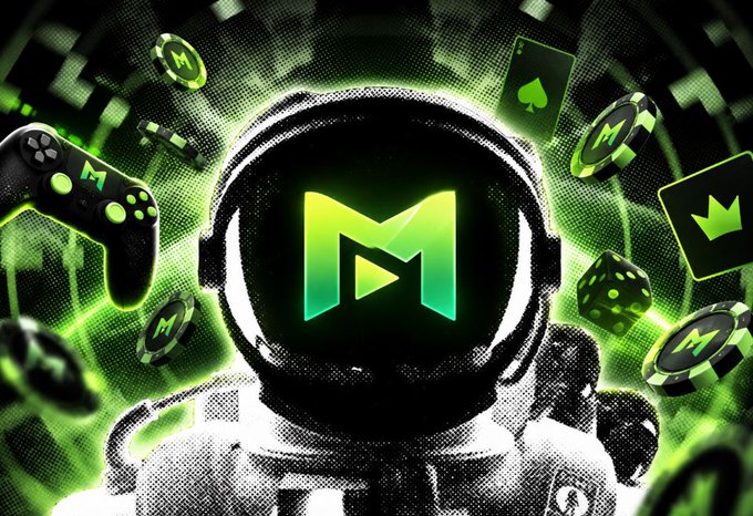 A vibrant green and black gaming-themed graphic featuring an astronaut helmet with the MINT logo, surrounded by a game controller, dice, playing cards, and MINT-branded poker chips.