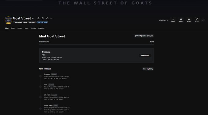A webpage for 'Goat Street' displaying 'THE WALL STREET OF GOATS' with minting schedule details for 'Treasury', 'Roaming', 'WG', 'WL PASS', and 'Public stage'.