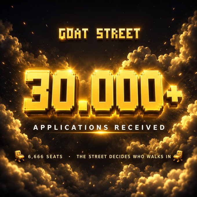 A promotional graphic featuring golden pixelated text reading 'GOAT STREET' and '30,000+ APPLICATIONS RECEIVED' against a cloudy sky background, with smaller text stating '6,666 SEATS • THE STREET DECIDES WHO WALKS IN' flanked by chair emojis.