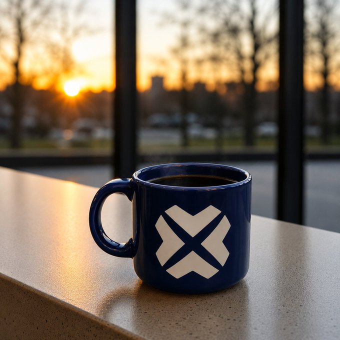 A navy blue coffee mug featuring a white "X" logo sits on a sunlit counter with steam rising, perfectly capturing a Friday morning coffee ritual against a warm sunrise view.