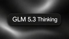 A sleek black graphic displays "GLM 5.3 Thinking" in white text on a dark rounded badge against a softly glowing background, visually introducing the AI model being compared to GLM 5.2 in the post as a faster, more cost-effective option for video creation.