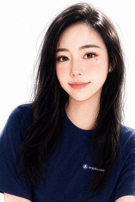 A young woman with long black hair and soft makeup smiles warmly at the camera while wearing a navy blue "crypto.com" branded t-shirt, matching the post's celebration of the Crypto.com ecosystem and its new unified branding identity.