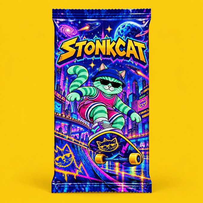 A vibrant neon-style product package design labeled 'STONKCAT' depicting a green striped cat wearing sunglasses and a cap while skateboarding through a colorful cyberpunk cityscape.