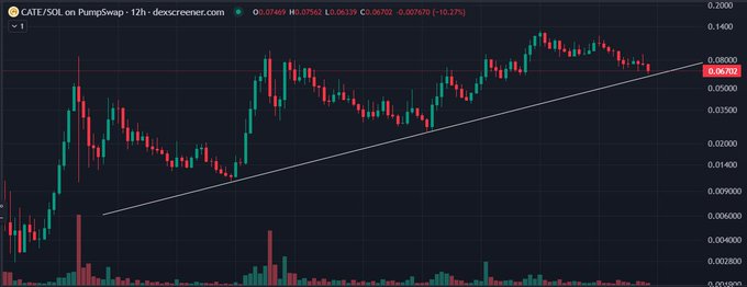 A candlestick chart of $CATE/SOL on PumpSwap over a 12-hour timeframe (via Dexscreener) shows the token trading at 0.06762, down about 10.27%, with an ascending trendline drawn along recent higher lows to support the poster's claim of accumulating additional tokens near the .065 level as a high-conviction position.