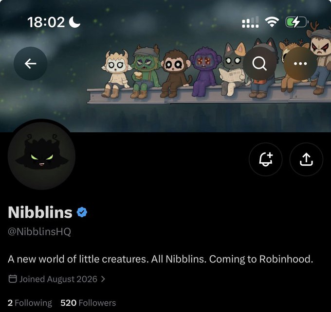 A Twitter/X profile page for 'Nibblins' (@NibblinsHQ) with a banner showing cartoon creatures, describing 'A new world of little creatures. All Nibblins. Coming to Robinhood,' joined August 2026 with 520 followers.