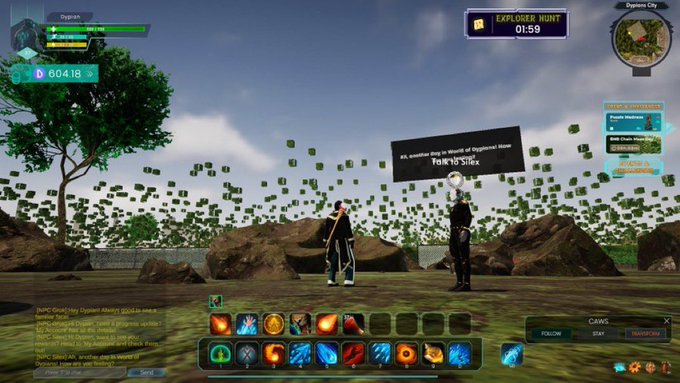 A screenshot from an MMORPG featuring an 'EXPLORER HUNT' timer at 01:59, a character in a grassy/rocky area with floating green orbs, level 60418, and a skill bar at the bottom.