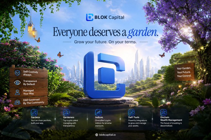 An advertisement for BLOK Capital displays the slogan "Everyone deserves a garden. Grow your future. On your terms." alongside a large blue "B" logo, listing features like Self-Custody Always, Transparent By Default, and Onchain Wealth Management, with the URL blokcapital.io.