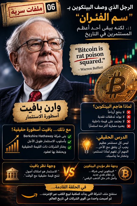 An Arabic infographic featuring Warren Buffett with the quote 'Bitcoin is rat poison squared,' comparing traditional investment to cryptocurrency.