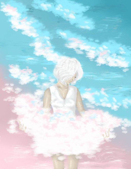 A surreal artwork featuring a figure with short white hair in a white sleeveless top, emerging from fluffy clouds against a pastel blue and pink sky.