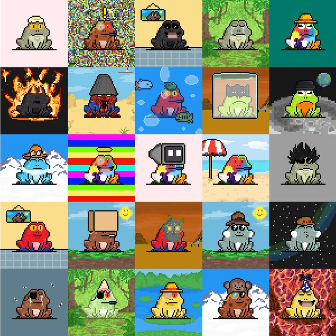 A 5x5 grid of 25 pixel-art variations of crying toads in various scenes, costumes, and settings, which the post humorously calls "the best toad on the chain" being overlooked in favor of generic AI-generated art collections on OpenSea.
