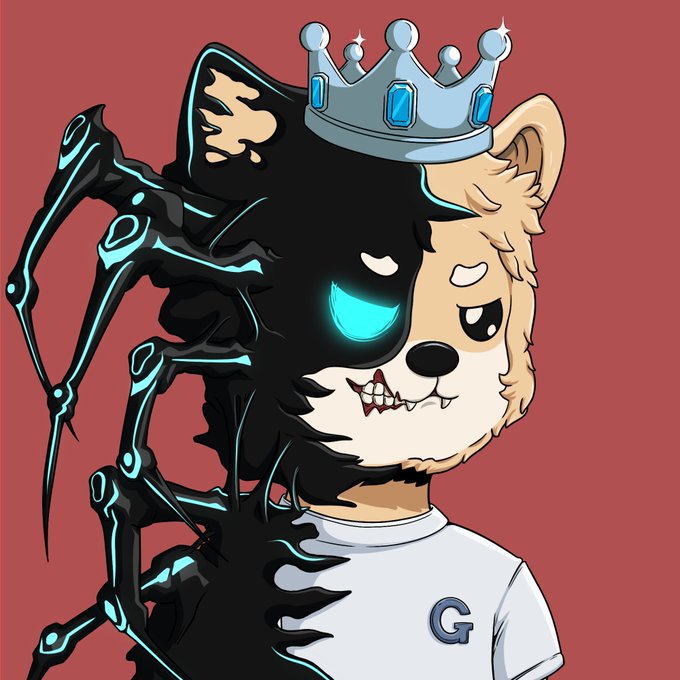 The image features a cartoon character, possibly a dog or a cat, wearing a white shirt with blue letters that say "G". The character has a face with two eyes, one brown and one blue, giving them a unique appearance. They are standing against a red background, which contrasts with the black and blue elements of their design. The image also includes text that reads "Day 24 of posting a gui nft", possibly indicating the day on which the post was published or the number of posts posted so far.