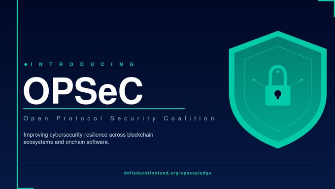 The image features a poster for an initiative called "OPSeC", which stands for Open Protocol Security Coalition. The poster has a shield design, and there's a lock symbolizing security. The text on the poster reads "Introducing OPSeC - Open Protocol Security Coalition". It also mentions that the initiative is focused on improving cybersecurity resilience through ecosystem-based software solutions and engaging with policymakers to create regulations for secure software development practices.
