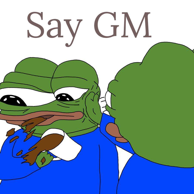 Two cartoon Pepe the Frog characters appear together with the text 'Say GM' displayed above them, a common greeting in crypto communities.
