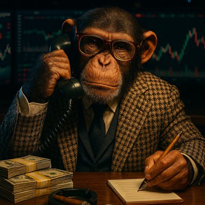 A chimpanzee wearing glasses, a houndstooth blazer and tie, holds a telephone receiver to its ear while writing on a notepad, with stacks of cash and stock charts in the background.