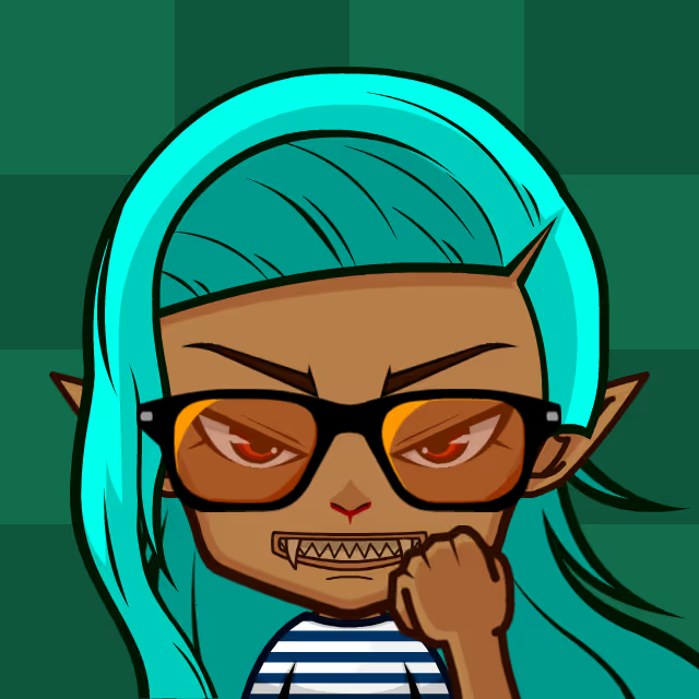 An anime-style character with pointed ears, sunglasses, and fanged teeth shows off turquoise hair pulled back by a headband.